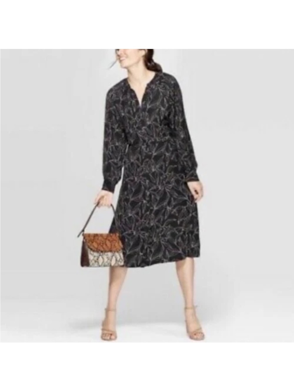 a new day Black Floral Split-Neck Long-Sleeve Midi Dress